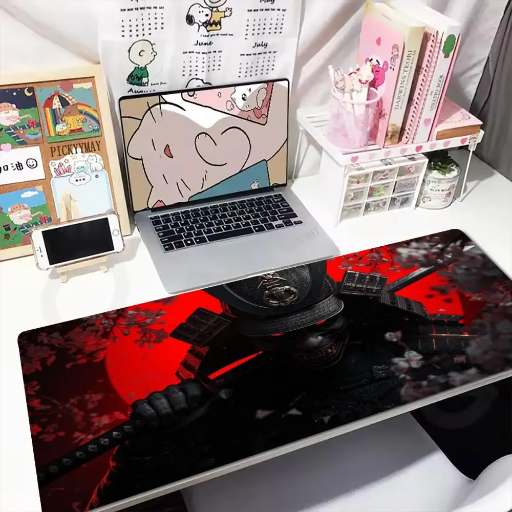XXL Large Gaming Mouse Pad Japanese Samurai Armor Red Maple Blood Moon Katana Art Desk Mat Non-Slip Rubber Keyboard Mouse Mats