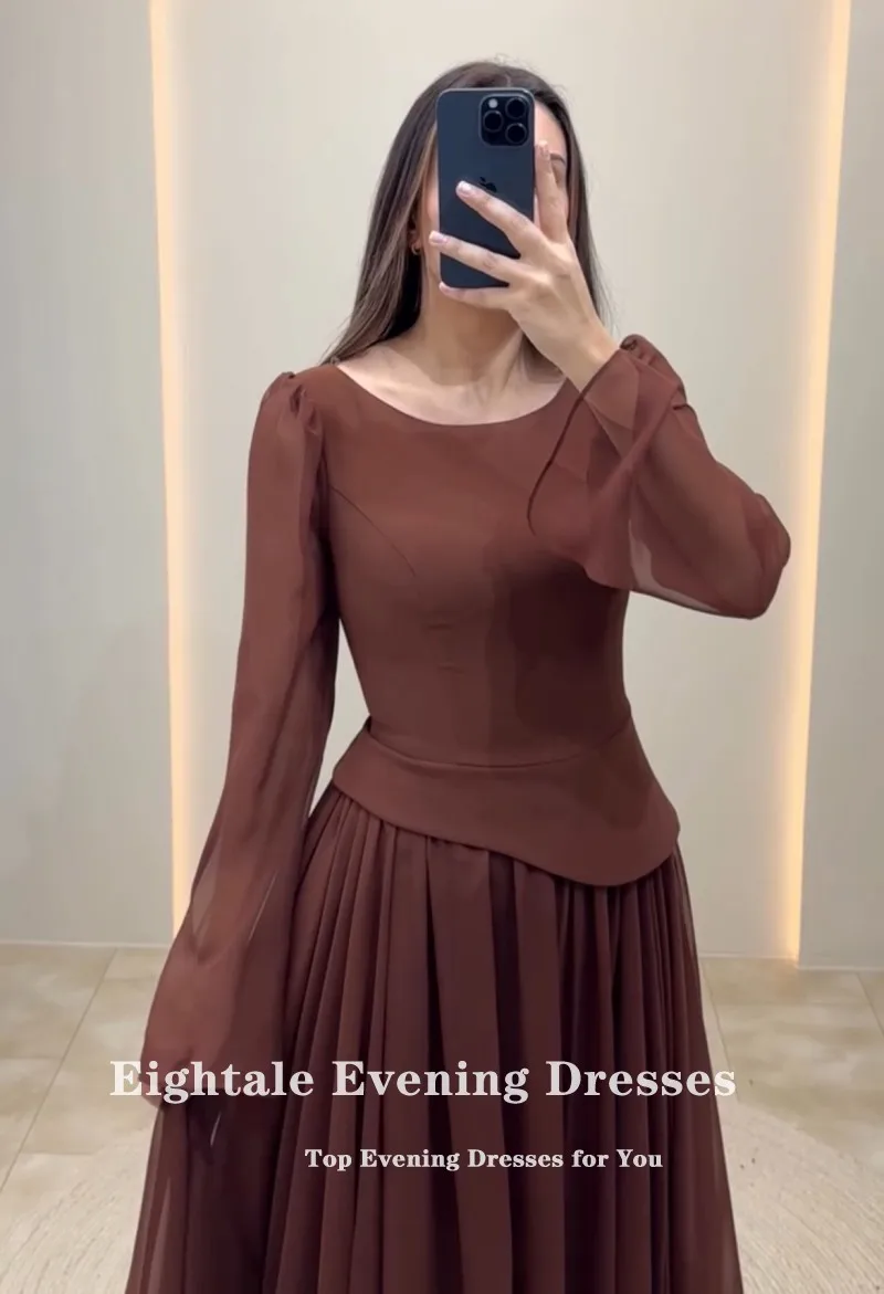Eightale アラビア語イブニングドレス スクープ カスタマイズされた A ライン フロアレングス シフォン ブラウン 長袖 プロム ウェディング パーティー ドレス