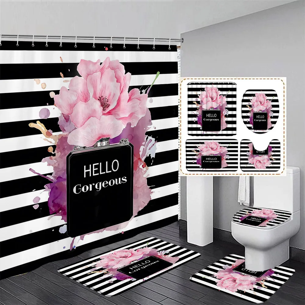 Pink High Heel Perfume Shower Curtain Set Fashion Lipstick Floral Black White Stripe Home Bathroom Decor Bath Mats Toilet Cover