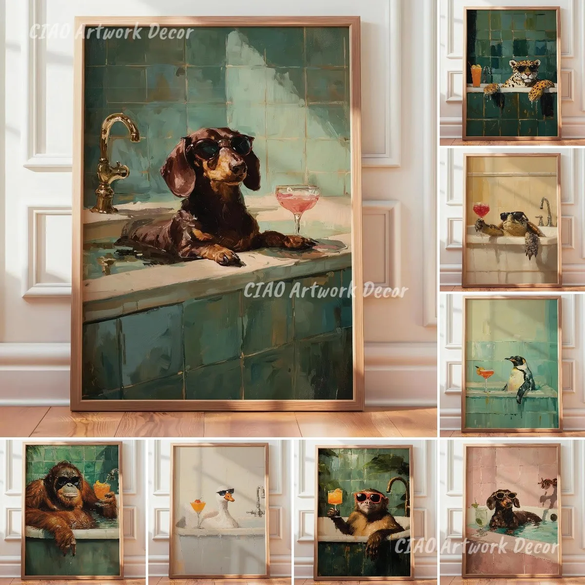 Funny Dachshund in Bathtub Canvas Prints Poster Dog Cocktail Whimsical Animal Art Prints Bathroom Wall Art Home Decor Poster