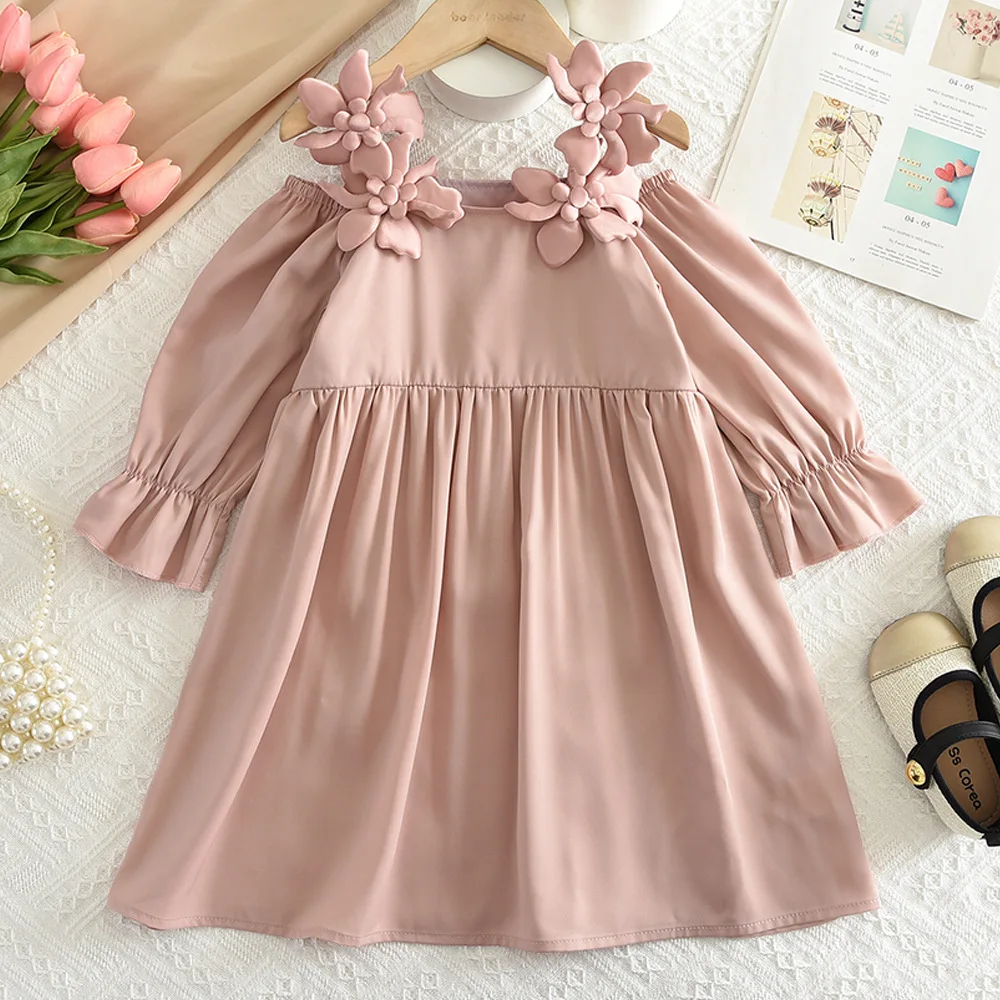 Autumn Girls Dress 2025 New Sweet Pink Three-dimensional Flower Suspender Off Shoulder Long Sleeved Dress