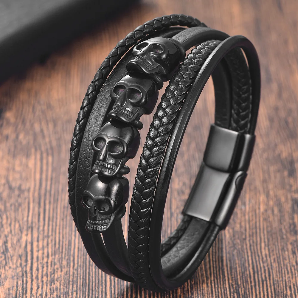 Multi-layer braided bracelet men's cowhide leather stainless steel skull bracelet men and women with hand-woven.