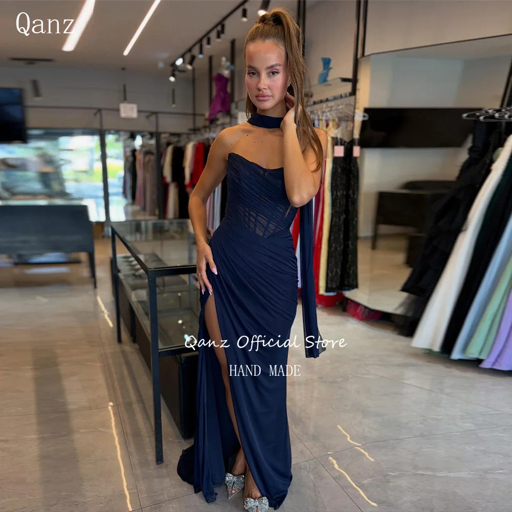 

Qanz Nave Blue Evening Dresses Mermaid High Side Slit Chiffon Robes De Soirée Backless Corset Elegant Party Womes Customized