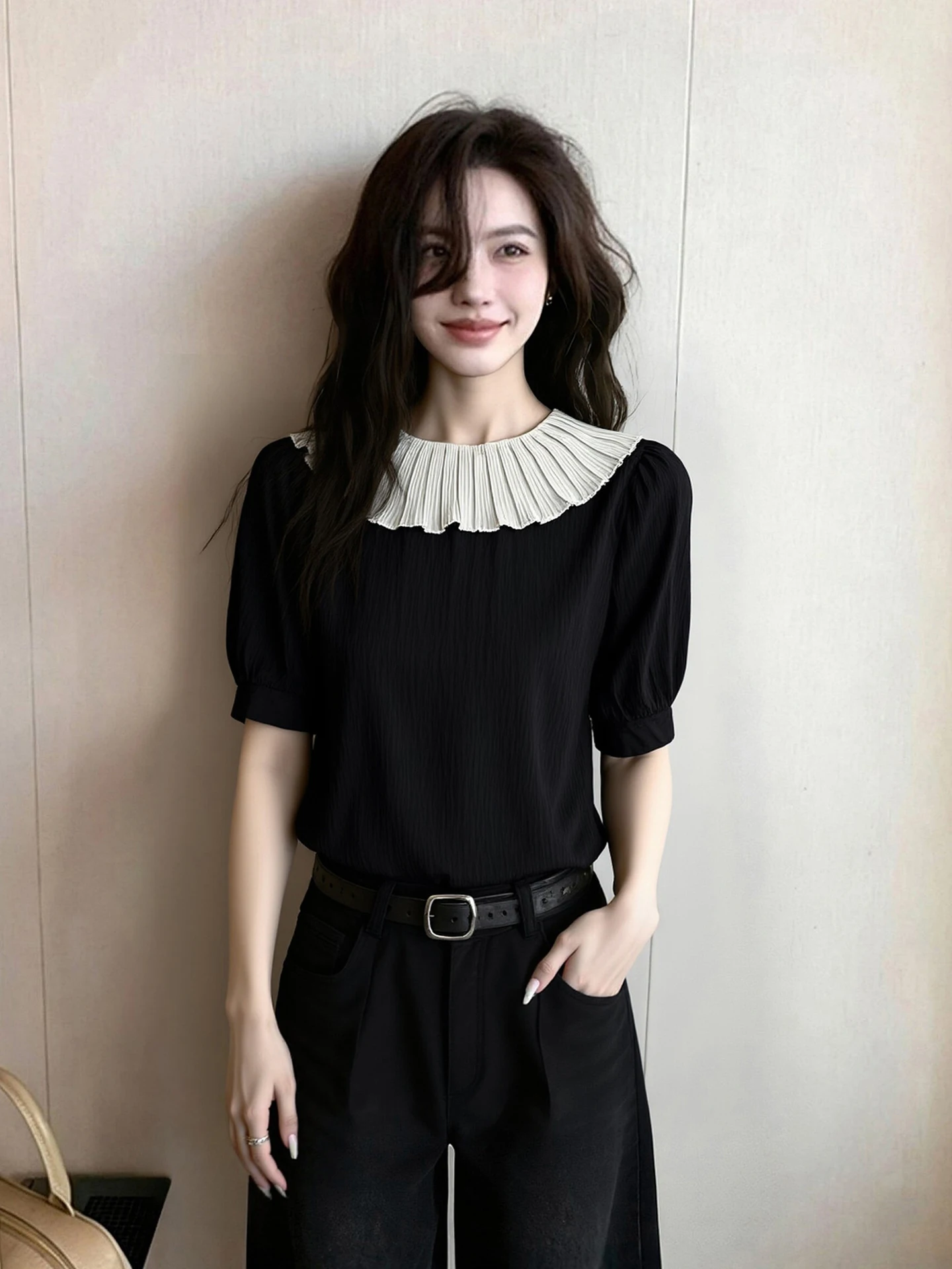 

Color Block Design Elegant Short Sleeve Shirt Trendy Unique Versatile Top Summer 2026 Fashionable Small Shirt French Style Lo...