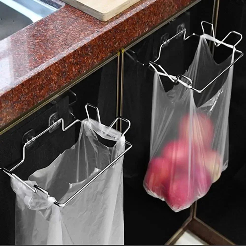 Stainless Steel Trash Bag Holder Garbage Storage Holder Kitchen Trash Rack Cabinets Door Grocery Bags Organizer Towel Hanging