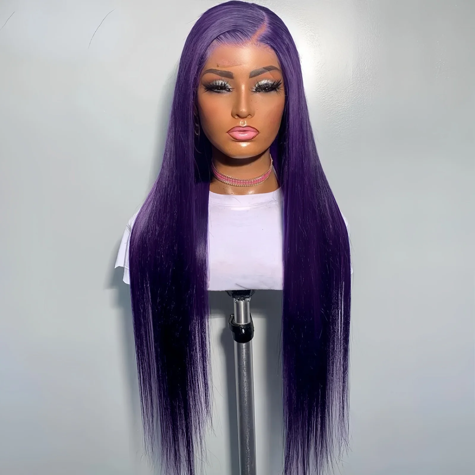 ダークパープルのロングシルキーストレート合成ヘア、フリーパート、接着剤不要、13x4レースフロント、カラーウィッグ、女性用、デイリー、パーティー、コスプレ