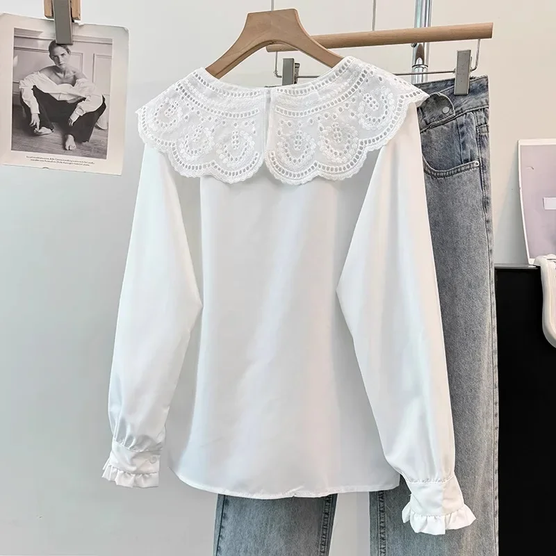 Korejpaa Lace Peter Pan Collar White Shirt Female Spring Autumn 2024 New French Temperament Joker Bottoming Shirts Womens Tops