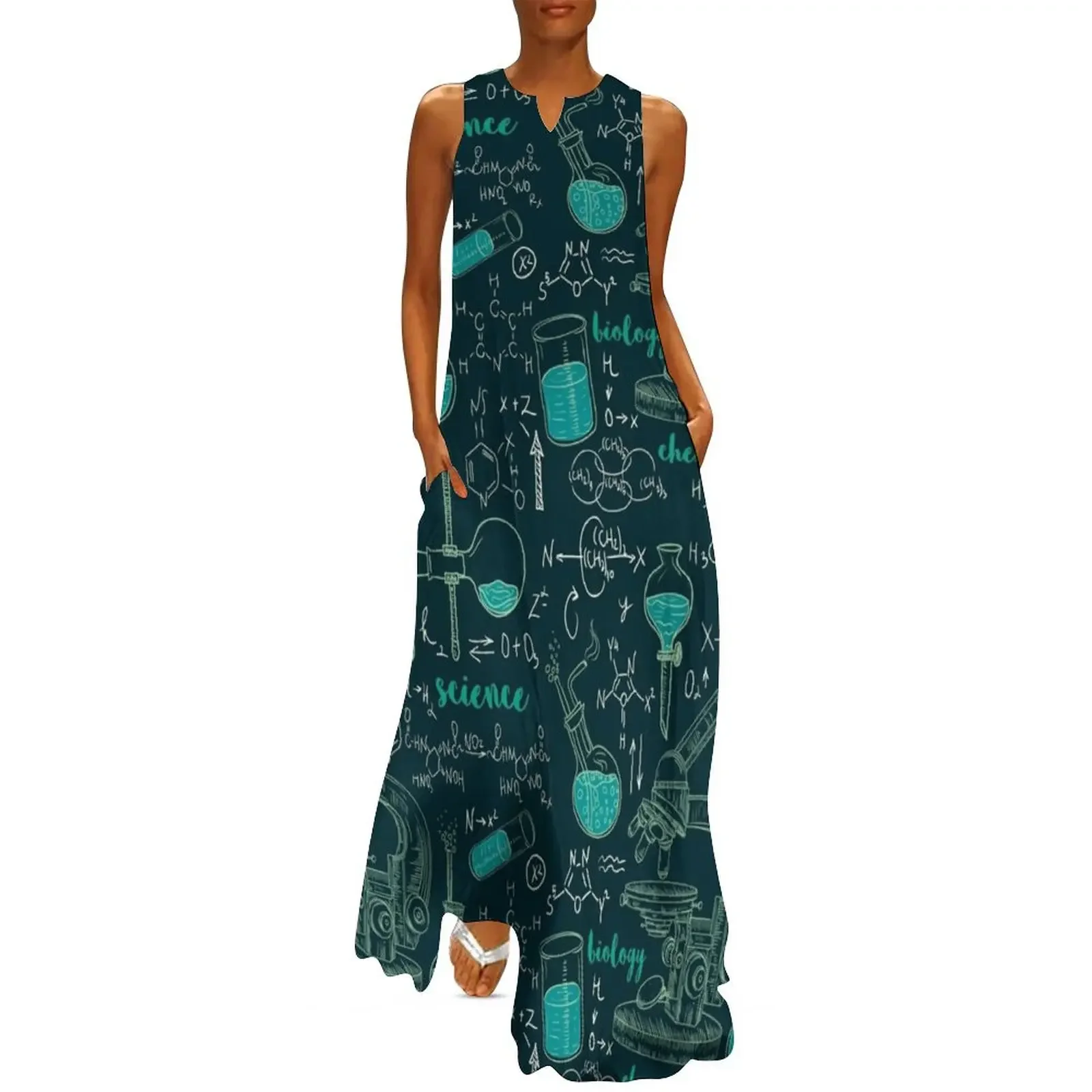 

Vintage seamless pattern old chemistry laboratory with microscope, tubes and formulas. Long Dress dress Dress