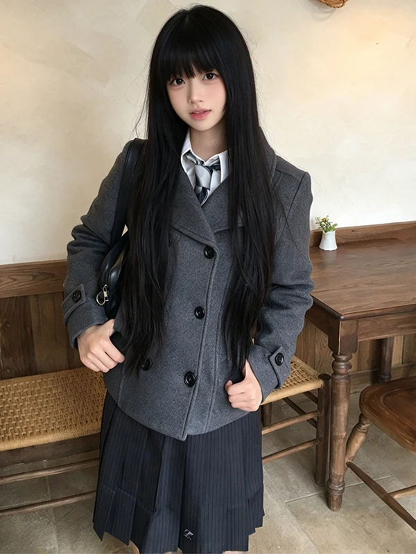 Fluffy Woolen Short Coat 50% Wool Double-Breasted Flip Collar Waist-Cinching Japanese Style Women's Thickened Autumn Winter J...
