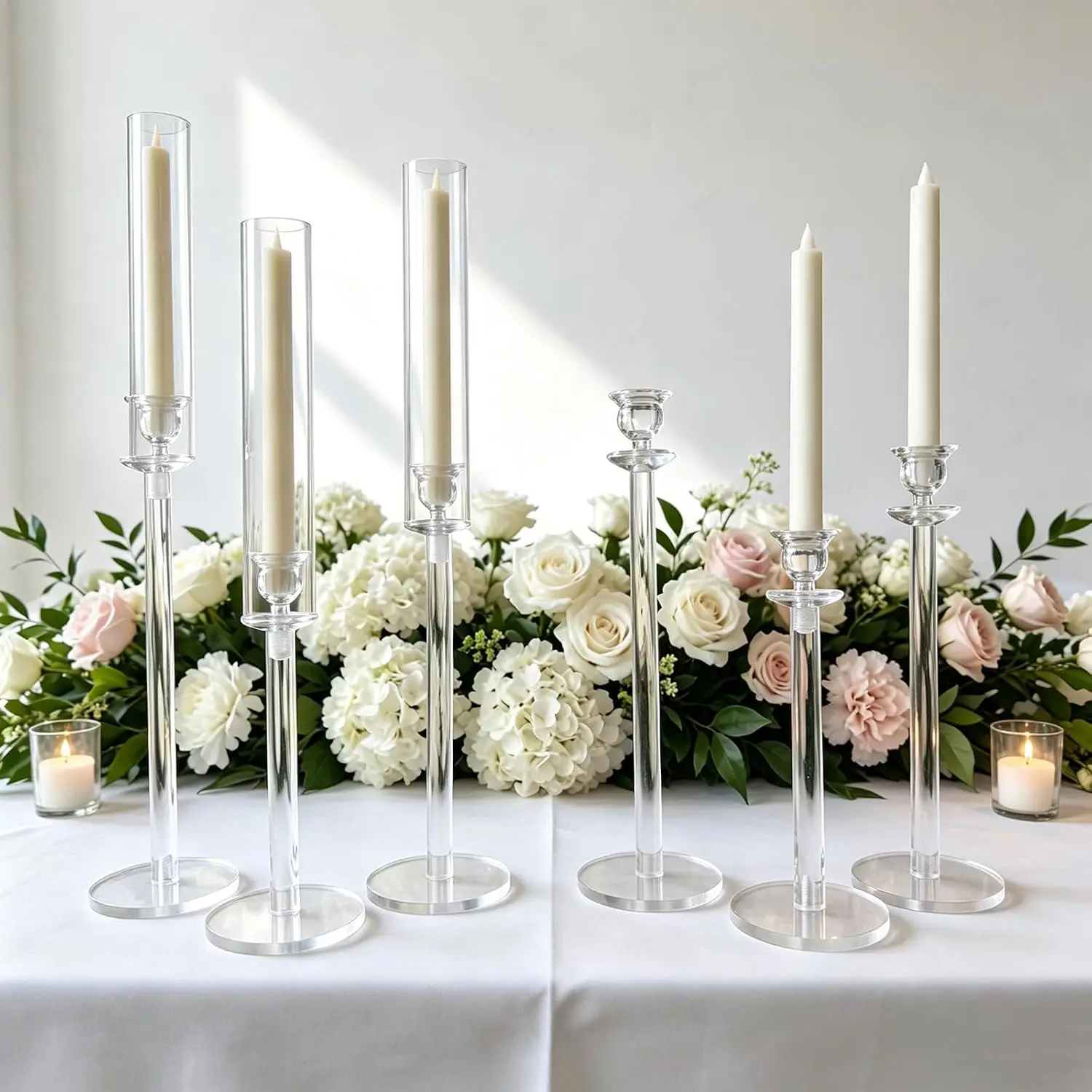6Pcs Clear Acrylic Candle Holder Set with Lampshade, Wedding Centerpiece for Tables Fits LED Taper Candle Dining Party Holiday Decor