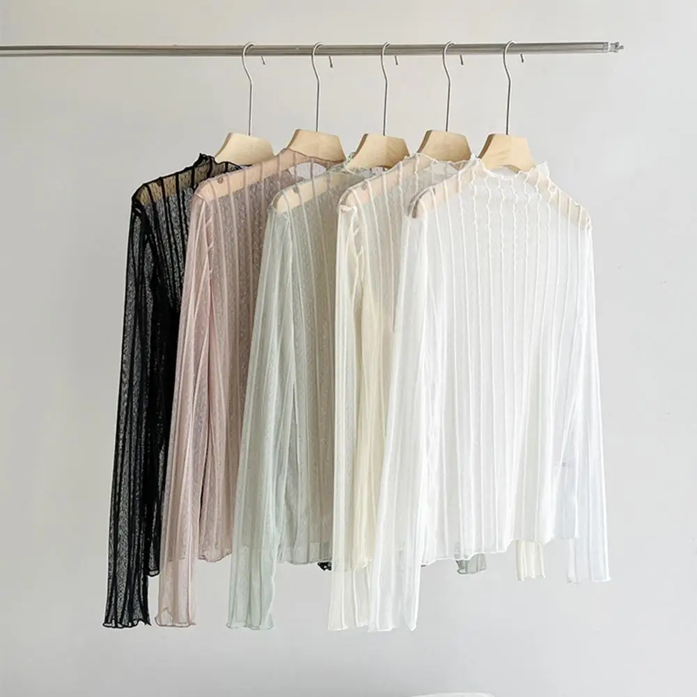 Прозрачная футболка с марлевым низом, женская одежда, летняя футболка с длинными рукавами и марлевой рубашкой, солнцезащитный крем с половиной высокого воротника 2025