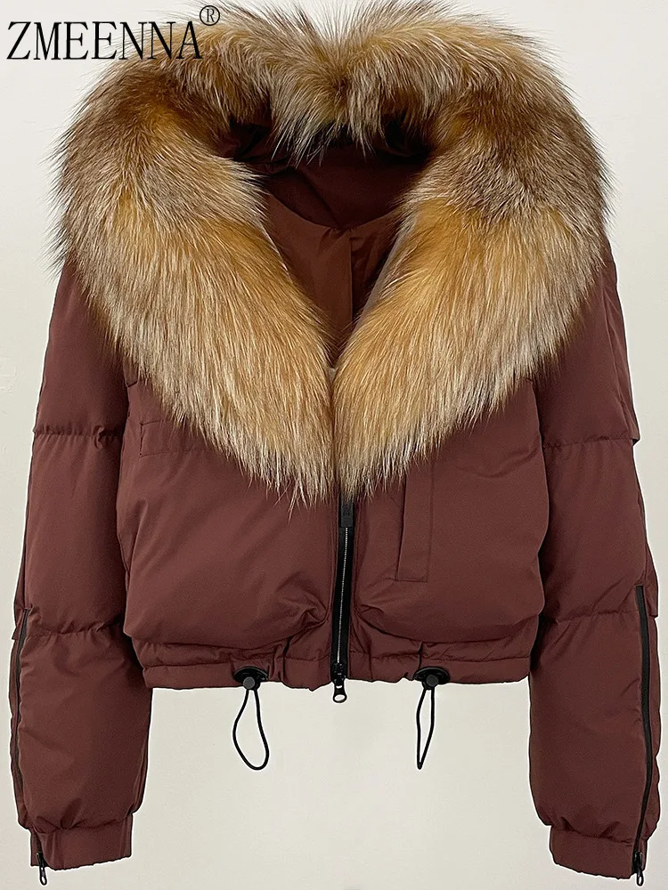 

ZMEENNA женская короткая пуховая куртка с меховым капюшоном, зимнее пальто с отделкой, теплая верхняя одежда, бордовая модная куртка с завязками на талии ZM4310