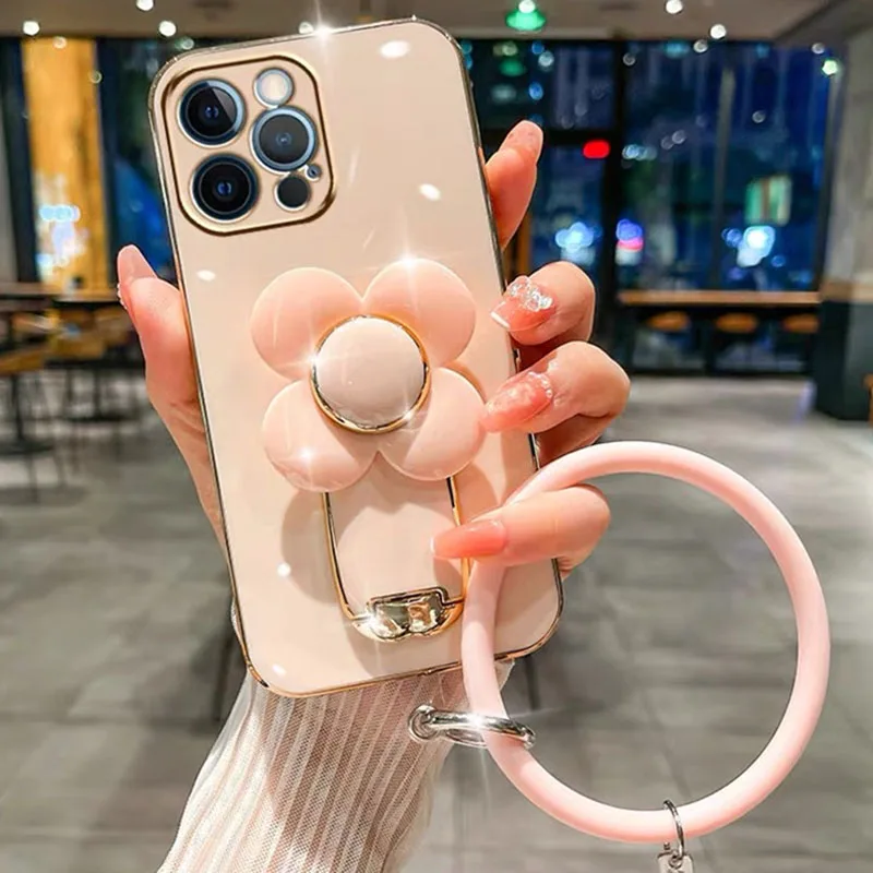 for Coque iPhone 15 Pro 15 Plus 14 Pro Max 13 12 11 XR X XS 7 8 Plus Release Stress Portable Rotating Flower Bracket Holder Case