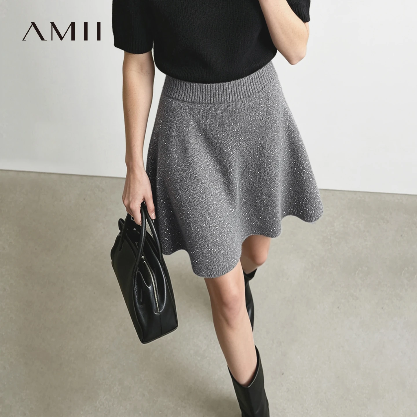 Amii Women's A-Line Skirt Elastic Waist Sequin Loose Fit Slimming Casual Commuter Knit Midi Skirt Autumn 2026 Bottoms 12623154