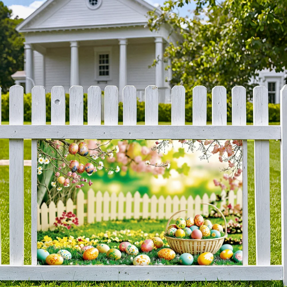 Spring Easter Backdrop Photography Bunny Eggs Flower Green Grass Fence Rabbit Easter Baby Portrait Props Photo Background Studio