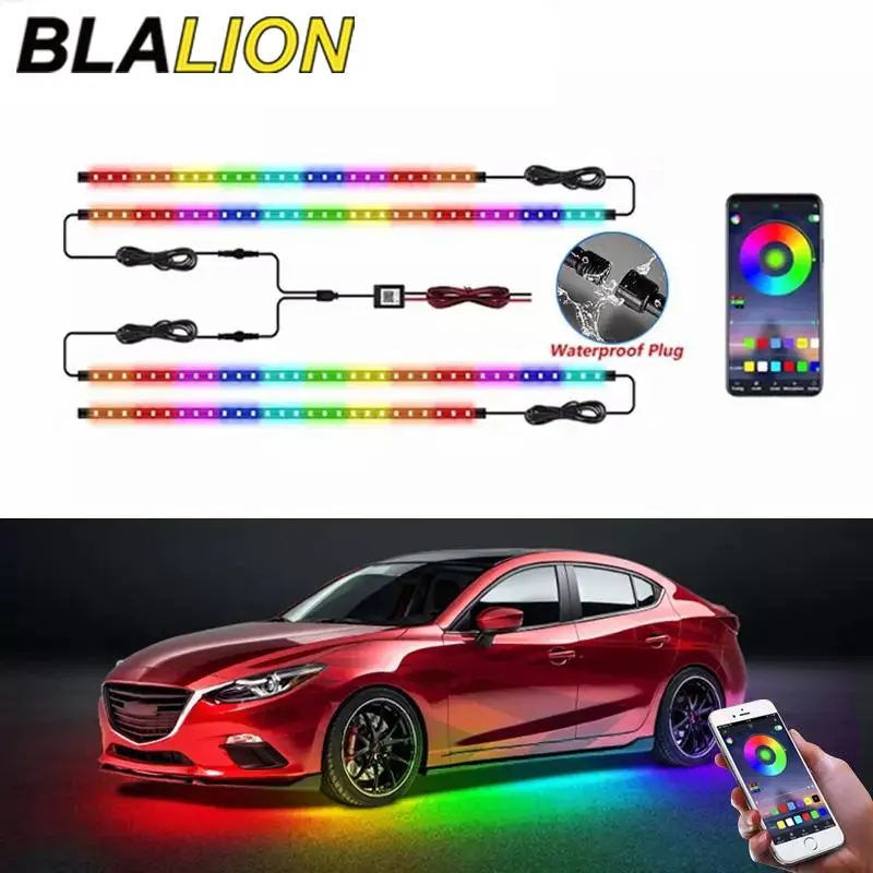 BLALION Faixa de luz subbrilhante para carro flexível 12V LED luz ambiente inferior com controle por aplicativo lâmpada de atmosfera decorativa automática neon