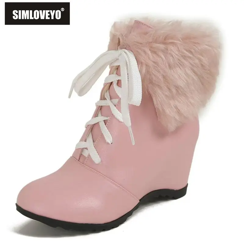 

SIMLOVEYO Brand Women's Warm Winter Ankle Boots Round Toe 6cm Height-Increasing Heel Lace-Up Thick Fur Sweet Daily Plus Sizes 43