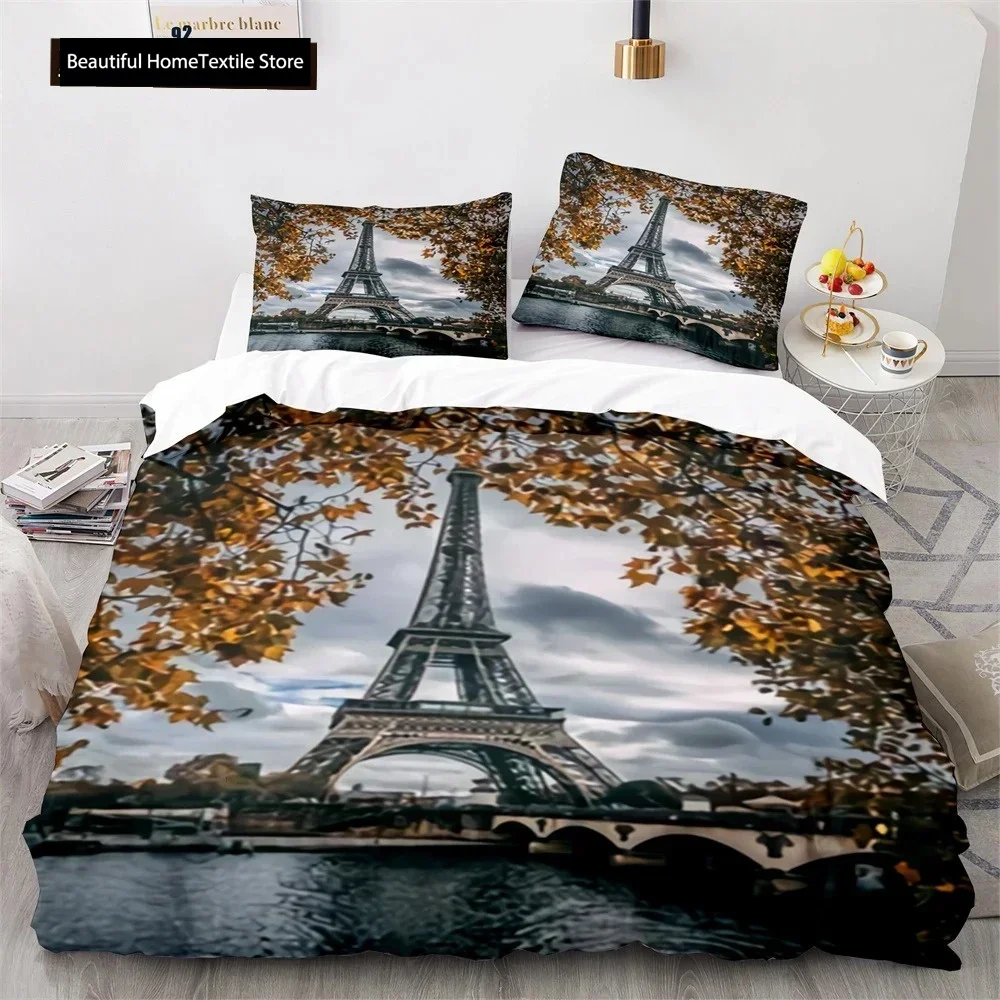 

Luxury New 3D Print Eiffel Tower Duvet Cover Set Lake Colourful Cloud Beautiful Landscape Bedding Set King Size Comforter Cover