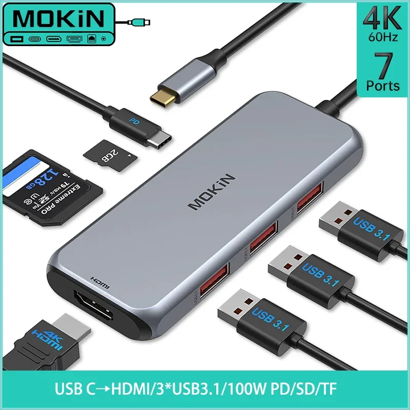

MOKiN 7 in 1 USB C Hub: Transform Your USB-C Port into a 4K 60Hz HDMI + 3 USB 3.1 + SD/TF + PD Powerhouse for Mac iPad Laptop