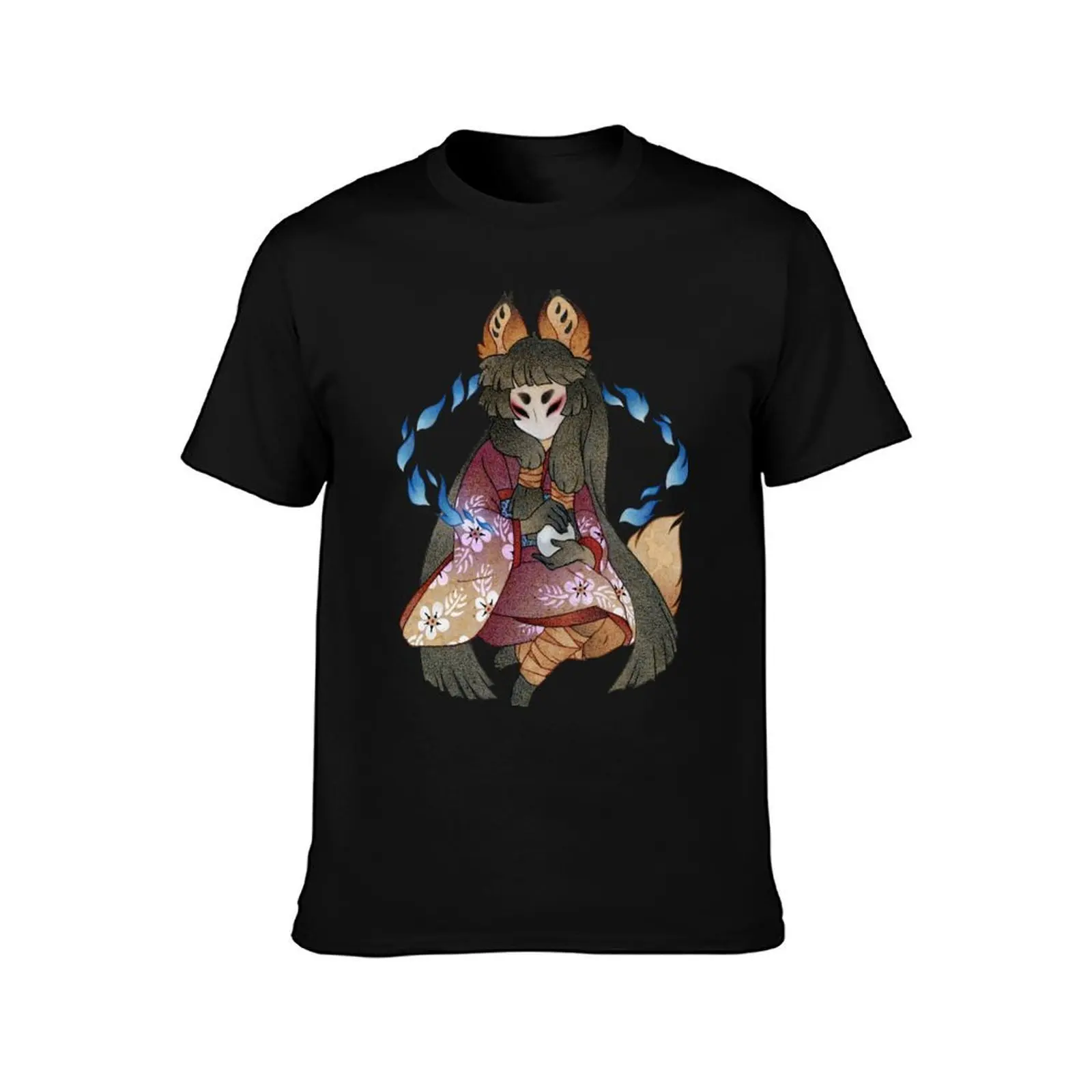 Ring of Foxfire - TeaKitsune Fox Yokai T-Shirt, Summer Casual Cotton Tee, Oversized Streetwear Tops, Vintage Graphic Print