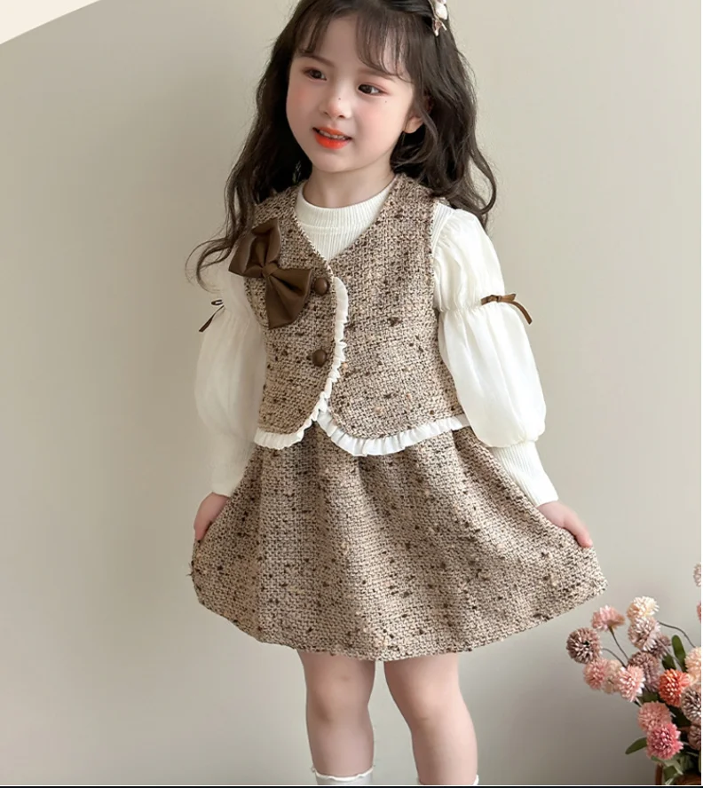 

New Baby Girls Fall Fashion 3 Pieces Sets, Vest + Blouse + Skirts Princess Elegant Suits 2-7 T