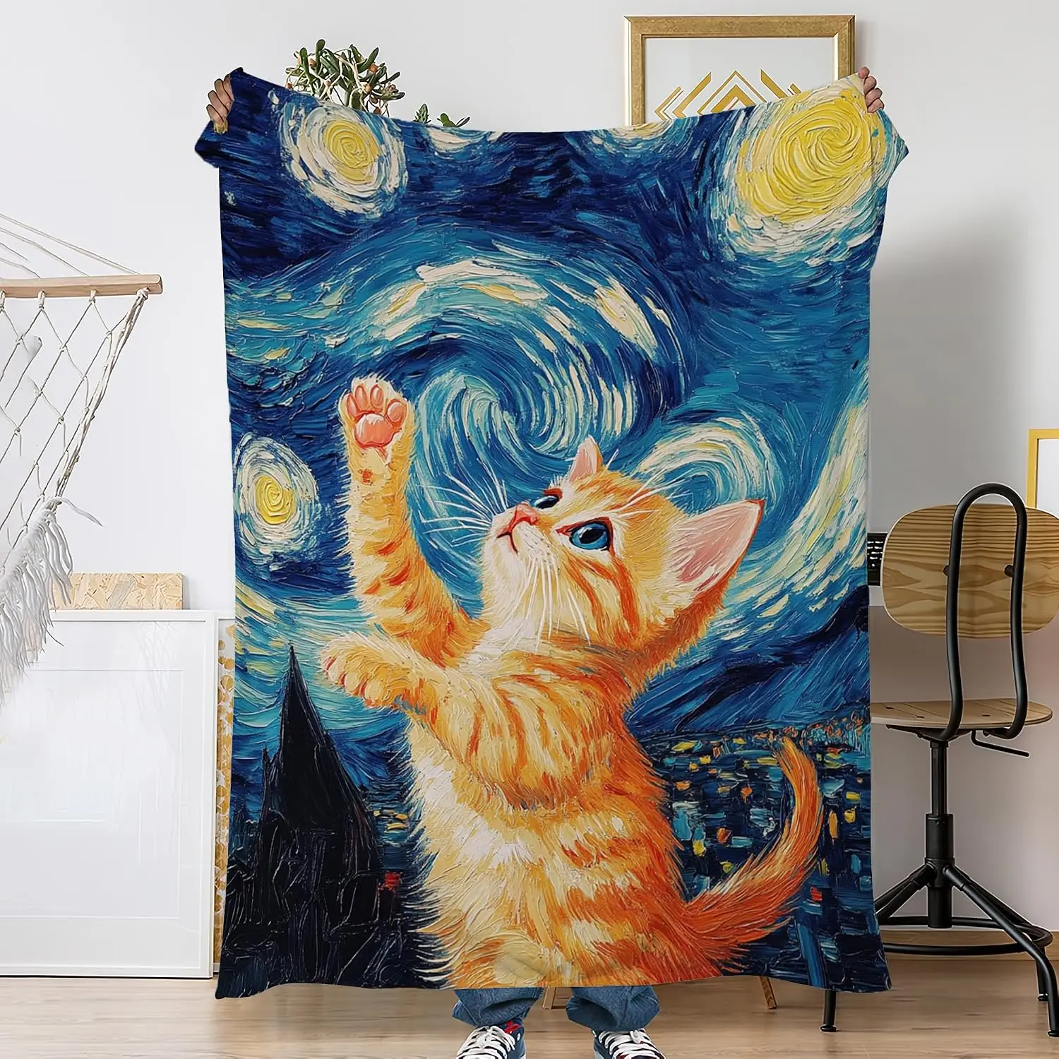 Van Gogh Starry Night Dark Blue Base Ginger Kitten Reach Star Full Print Fluffy Throw Blanket, Warm Soft Couch Art Pet Cat Home