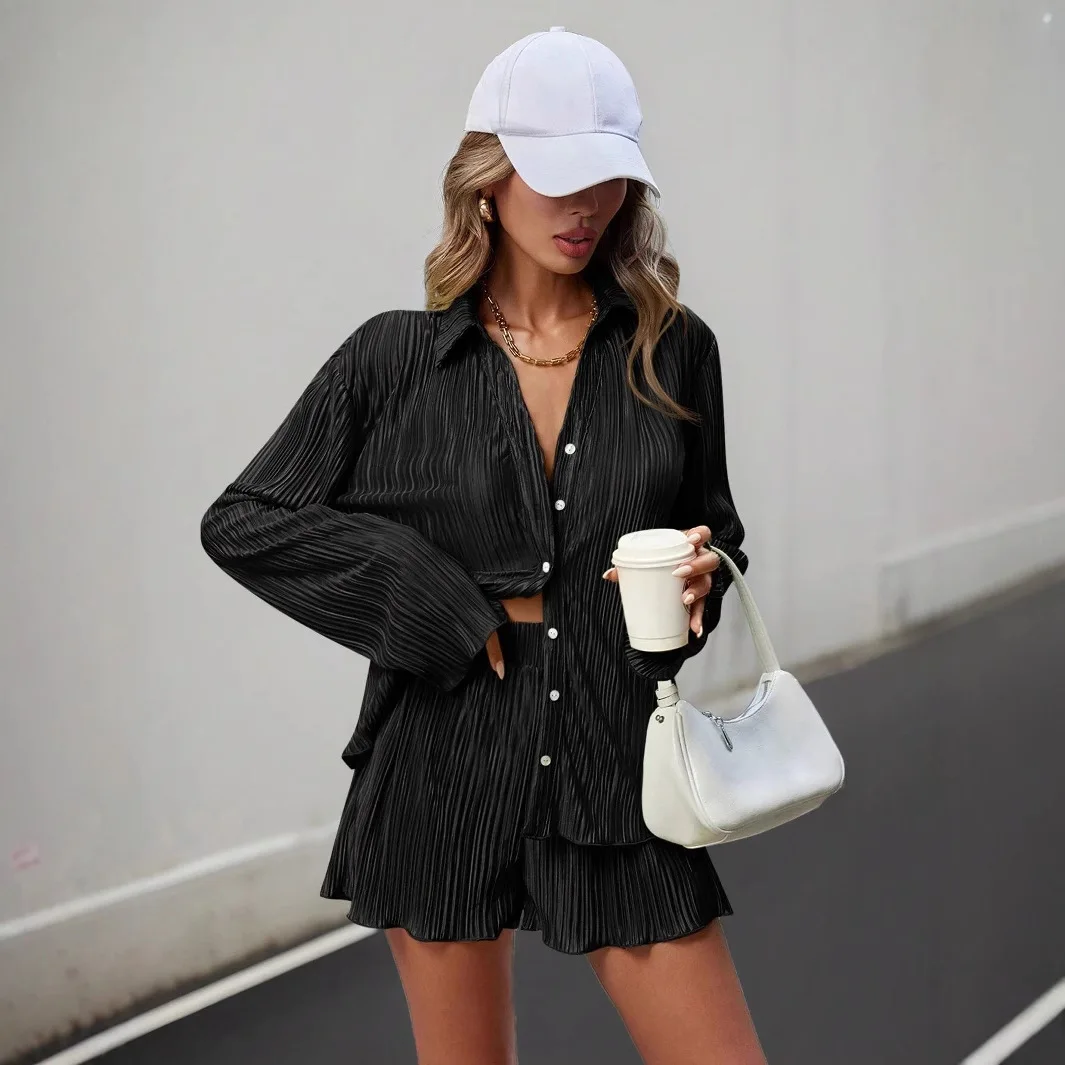 Women's Casual Loose Shorts Suit Spring Autumn New Fashion Solid Color Lapel Long Sleeve Shirt/Pleated Shorts Two-piece Set