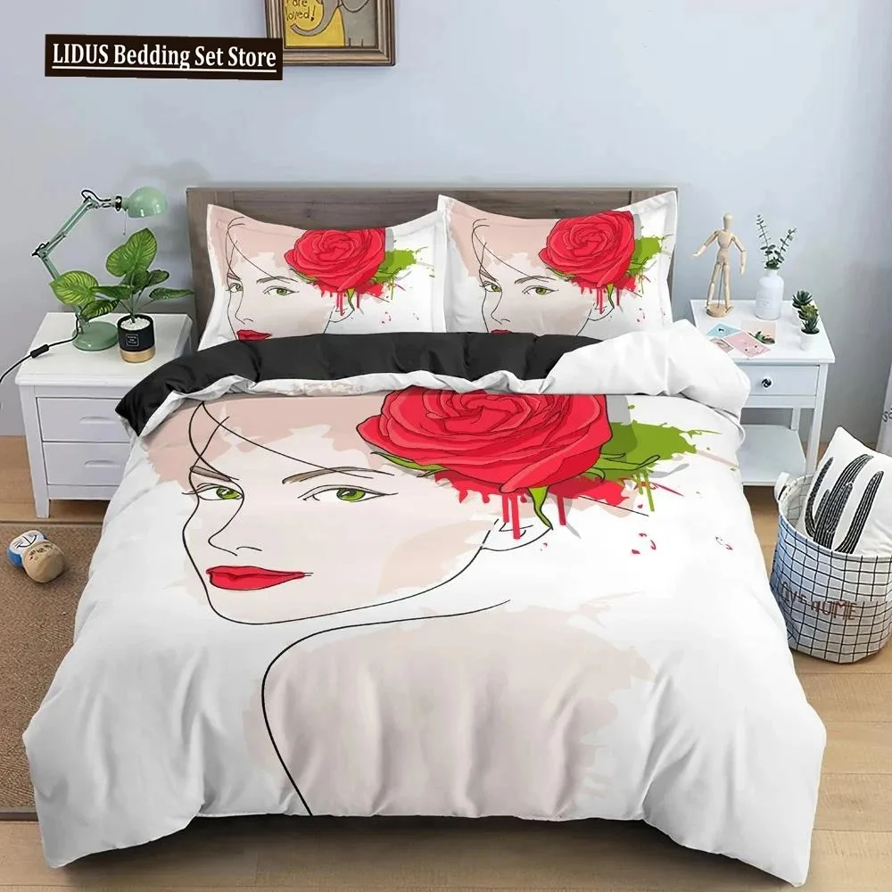 

Woman Face Lines Sketch King Queen Duvet Cover Female Portrait Rose Bedding Set Simple Strokes Flower Polyester Comforter Cover