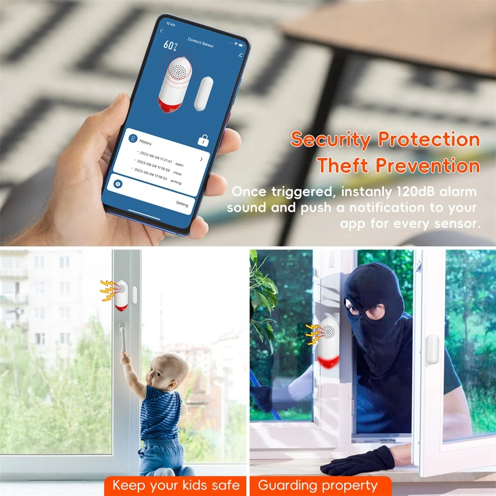 TUYA WIFI المنزل الذكي 100 ديسيبل إنذار الباب والنافذة الاستشعار إنذار المغناطيسي إنذار الأمن صفارة الإنذار فلاش مصباح