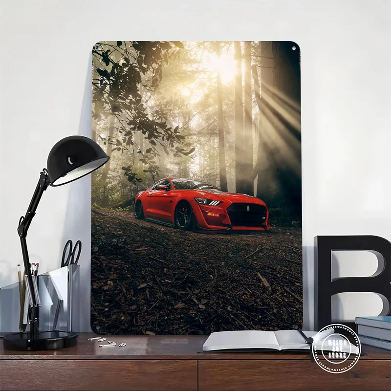 Red Mustang in Forest Sunlight Metal Poster Customized Wall Art Retro Vintage Tinplate Signs for Man Cave Bedroom Decoration
