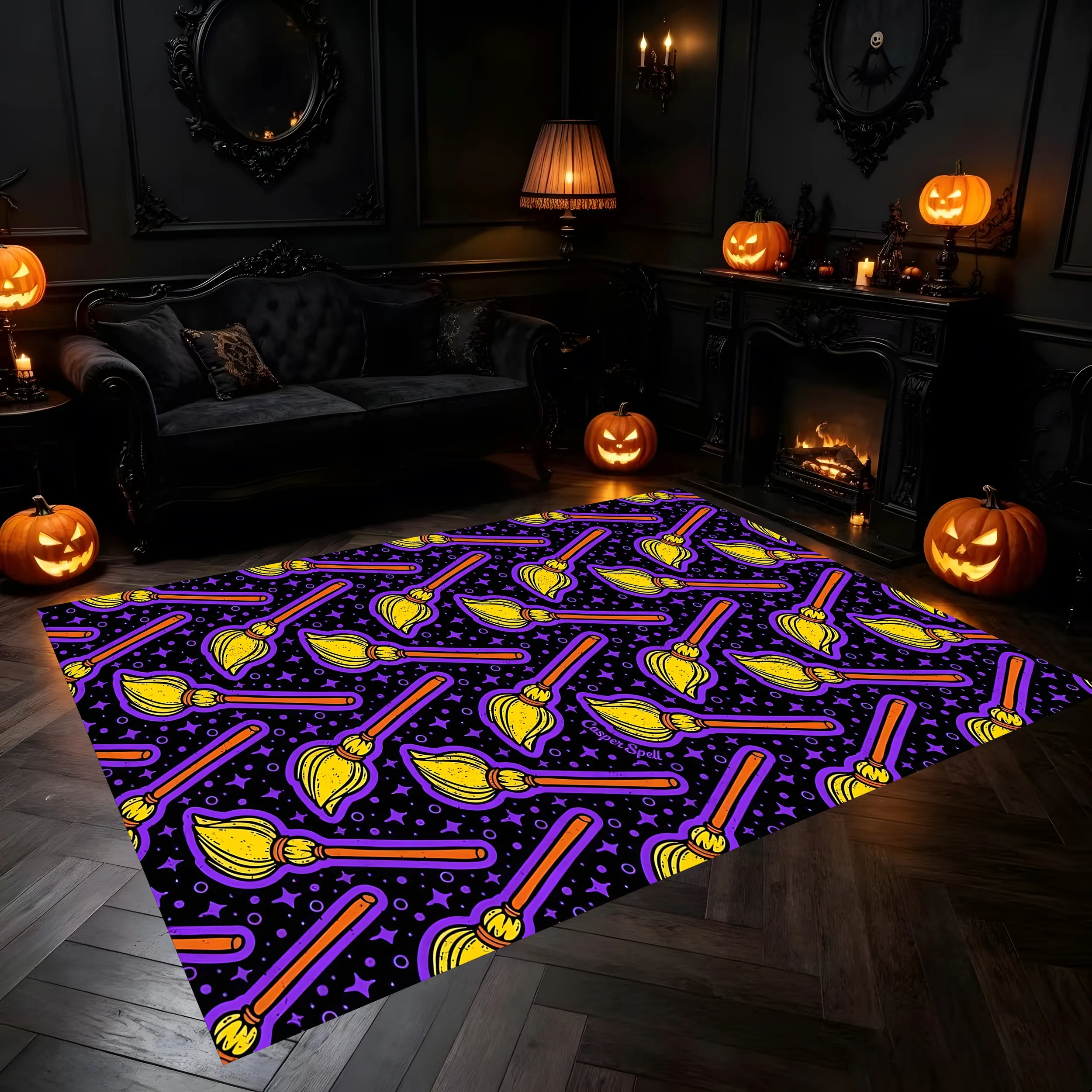 Witch Magic Broom All over Print 2D Area Rug in Fun Trendy Style for Living Room and Entryway, Halloween Party Decor
