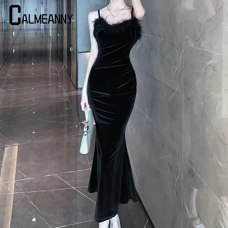 2024 autunno inverno sexy vintage spacco velluto abiti con cinturino per spaghetti per le donne francese elegante festa di nozze abbigliamento femminile