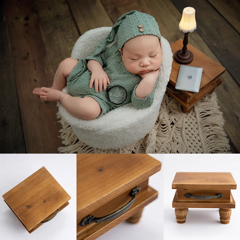 Accesorios de mesa de fotografía para recién nacidos, Mini Mesa de té Retro de madera, taburete redondo, luna llena, decoración de tiro para bebés, accesorios de estudio