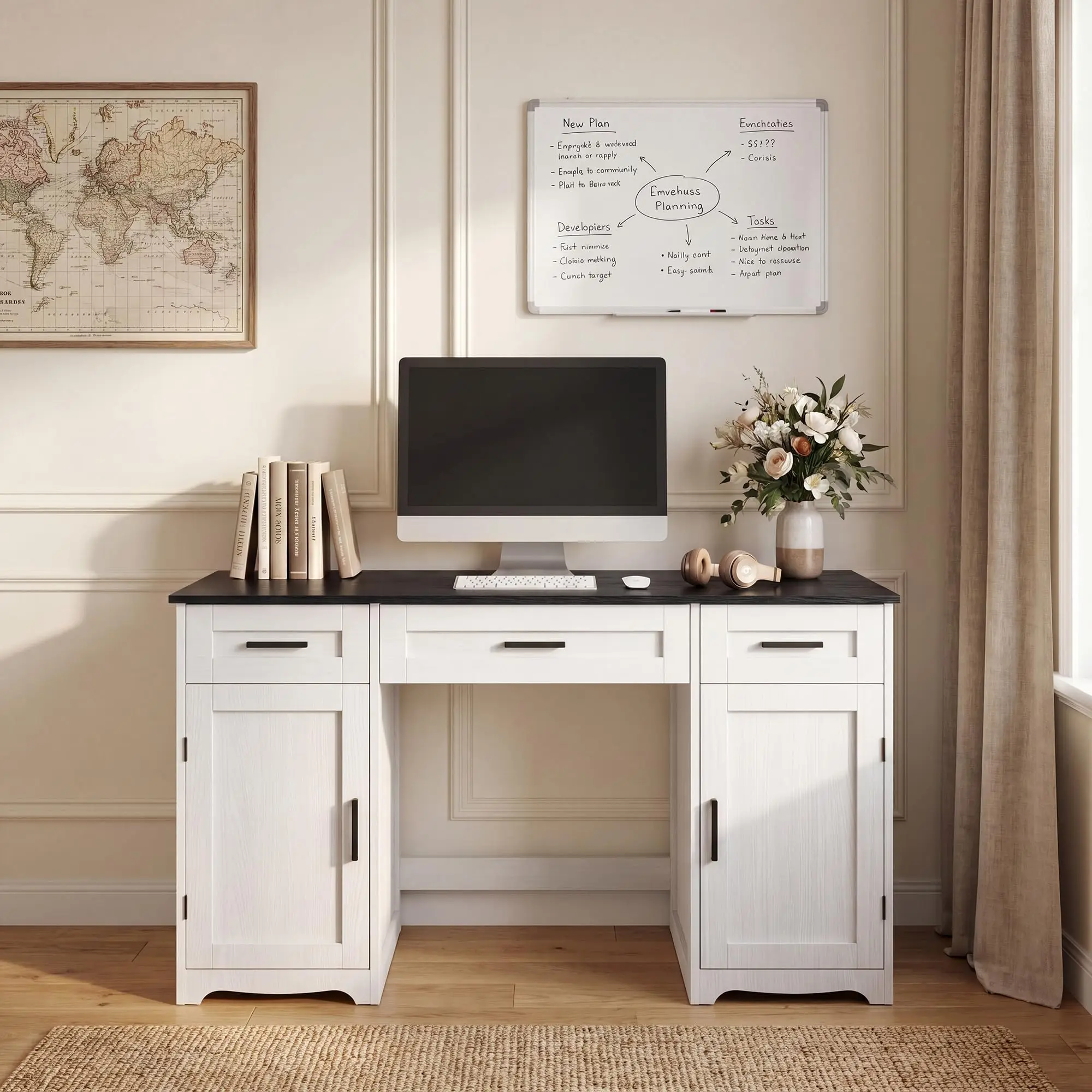 Farmhouse Executive Desk With Drawers Wood Home Office Desk