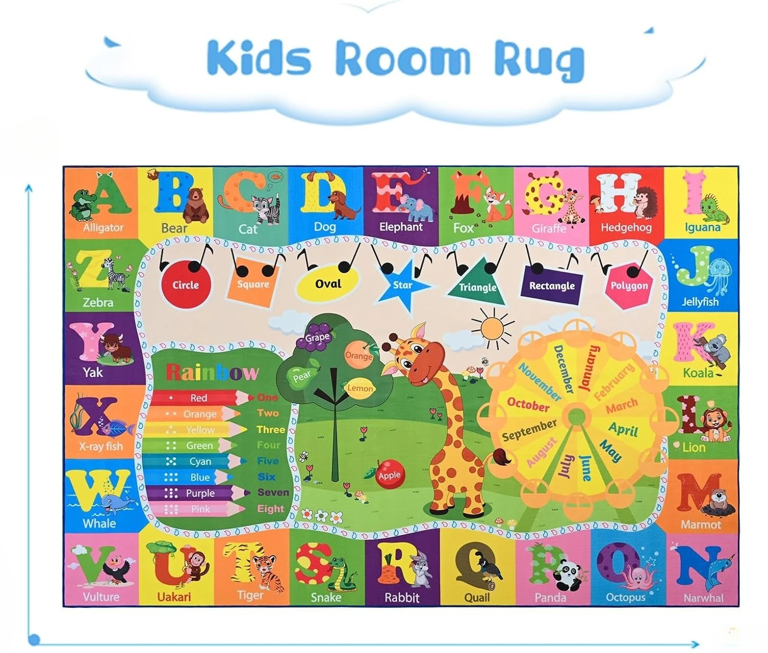 Educational ABC Kids Play Rug, Fun Learning Carpet with Animals, Washable Non-Slip Mat for Playroom Bedroom Nursery