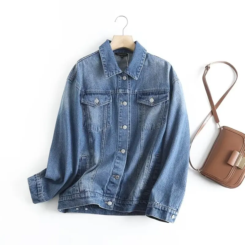 เสื้อแจ็คเก็ตยีนส์ทรงหลวมสไตล์เรโทร ดีไซน์เฉพาะตัวสำหรับผู้หญิง แฟชั่นฤดูใบไม้ร่วง คอลเลคชั่นใหม่ ผ้าผสมคอตตอนและโพลีเอสเตอร์