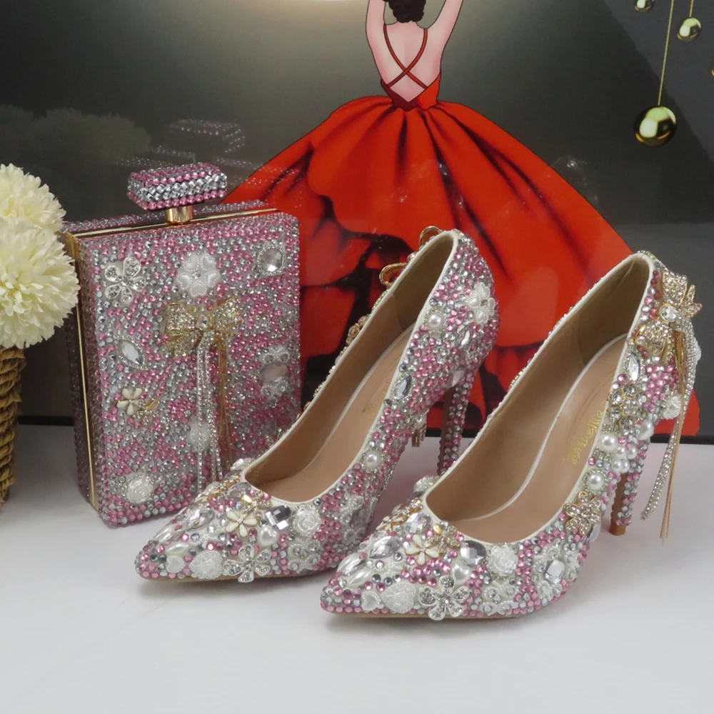 Fashion Women Bridal Wedding Shoes and Bag High Pumps Woman Thin Heel Tassel Crystal Party Dress Shoes Woman Pink Crystal Shoe