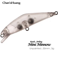 Chan’sHuang 20PCS Unpainted Blanks Bait 55mm 3g Sinking Wobblers Mini Minnow DIY Handmade Artificial Fishing Lure Tackle
