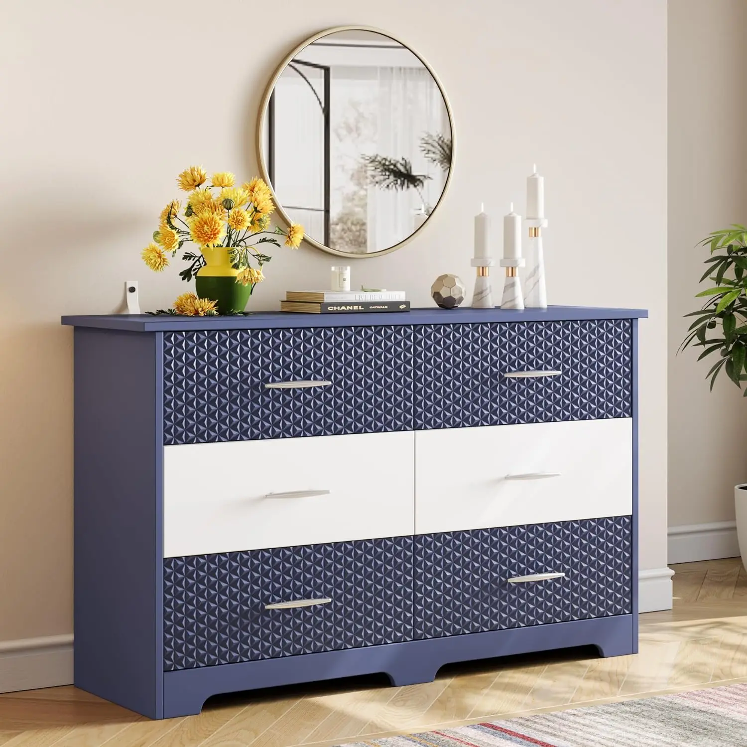 

6 Drawer Dresser for Bedroom,Modern Double Dresser Chests of Drawers with Metal Handle,Wide Wood Storage Dresser for Living Room