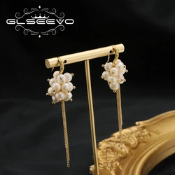 GLSEEVO Natural Freshwater Pearl Grape Tassels Earrings for Woman Korean Style Luxury Elegant Bride Wedding Jewelry Girl Gift