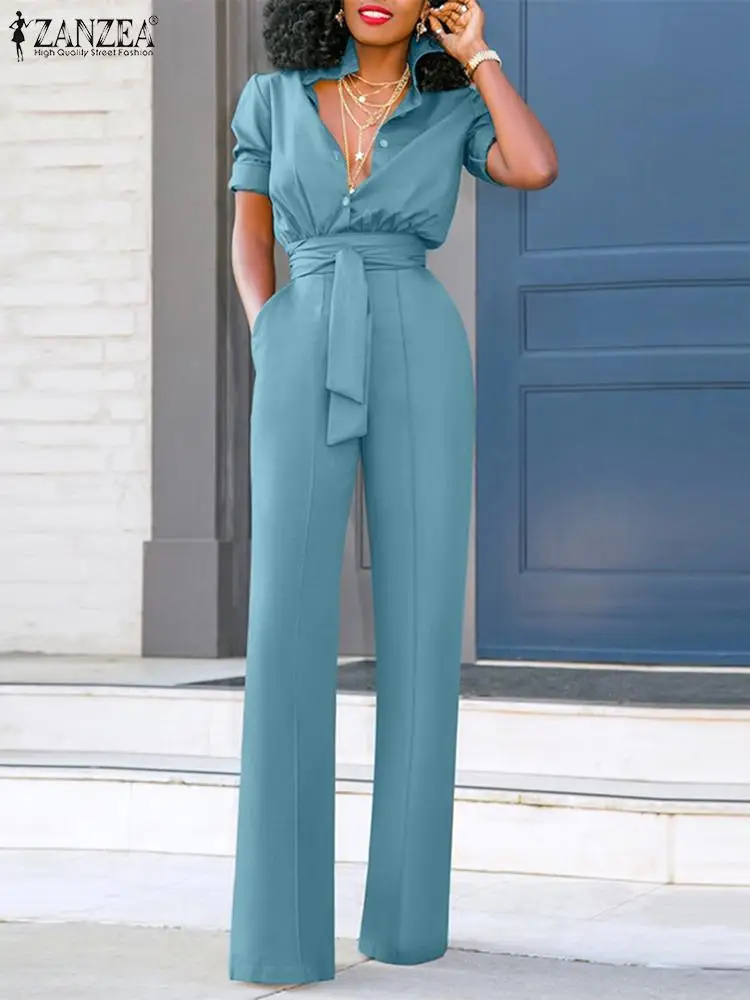 ZANZEA Oversize Belted Jumpsuit Sexy Lapel Collar Long Romper Office Vintage Loose Playsuit 2024 Spring Long Sleeve Overall