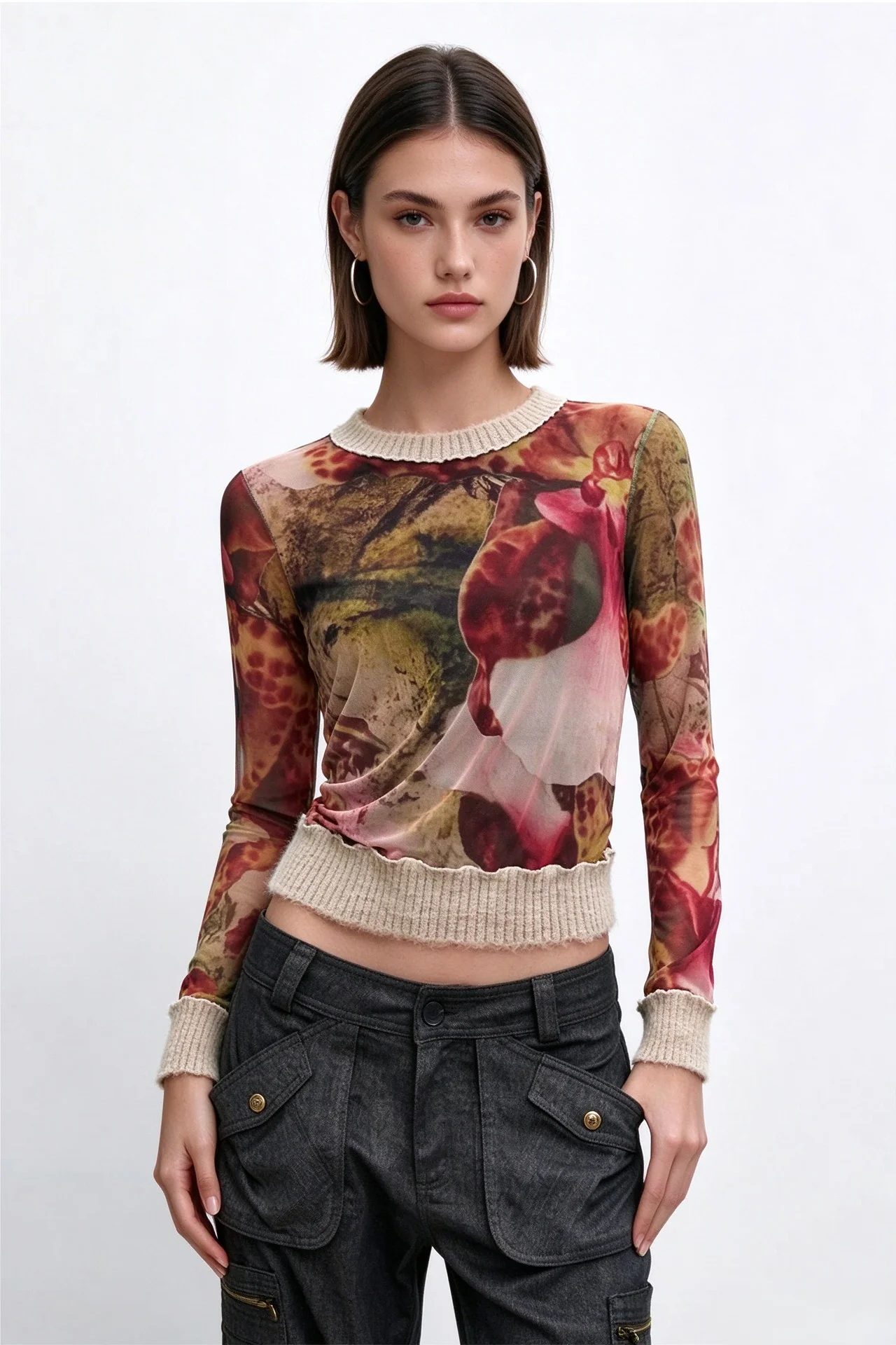 Foreign trade original autumn and winter embroidered printed patchwork knitted ribbed long sleeved women's T-shirt