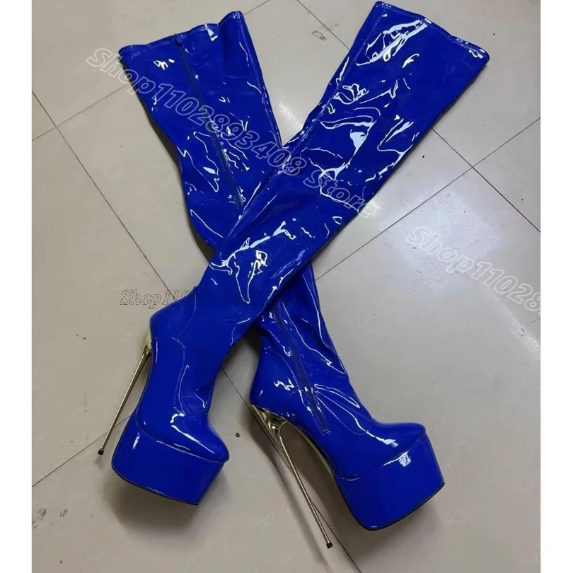 

Blue Patent Leather Platform Boots Round Toe Side Zipper Metal Heels Stylish Women Party Over Knee Boots Zapatos Para Mujere