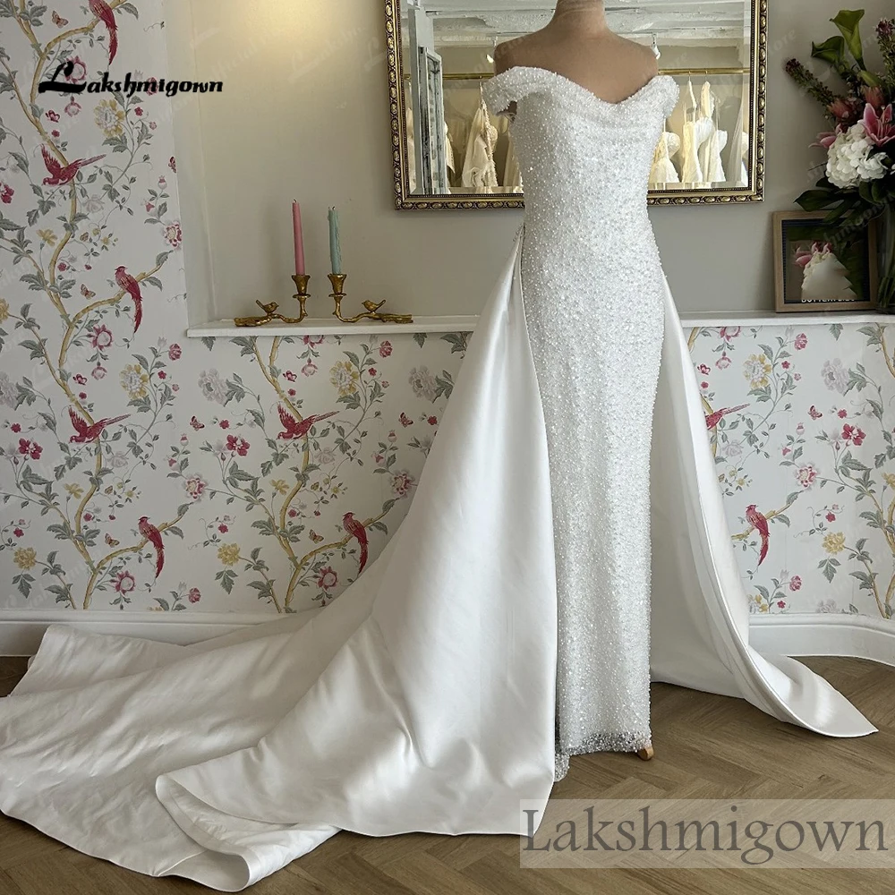 Lakshmigown Wunderschönes schulterfreies Meerjungfrauen-Brautkleid mit Pailletten für die Braut, abnehmbarer Schleppe, Perlen, Brautkleid nach Maß – Detail 5