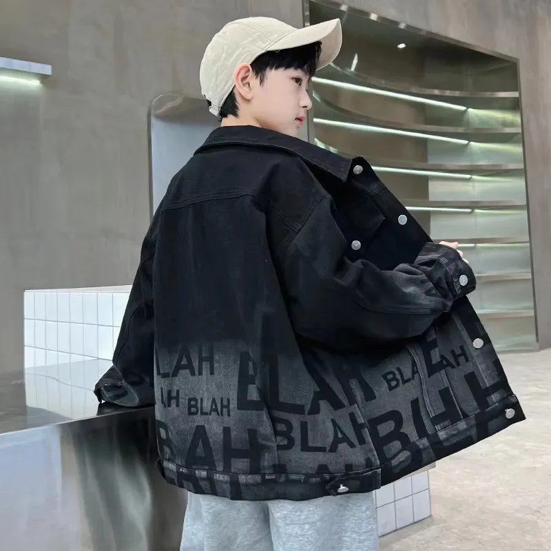 Cool Stylish Kids Boy Denim Jacket With Black Gradient Spring Jacket Coat With Letter Print Child Fashion Clothing Age 5 To 14 Y