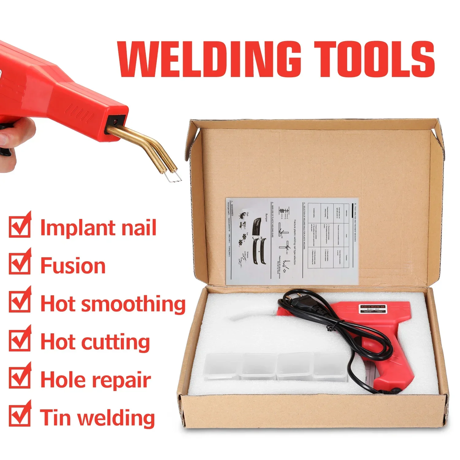50W Red Hot Nail Gun Plastic Welder with 200/400/800 Nails, Car Bumper Crack Repair Kit, Garage PVC Welding Nailer Machine