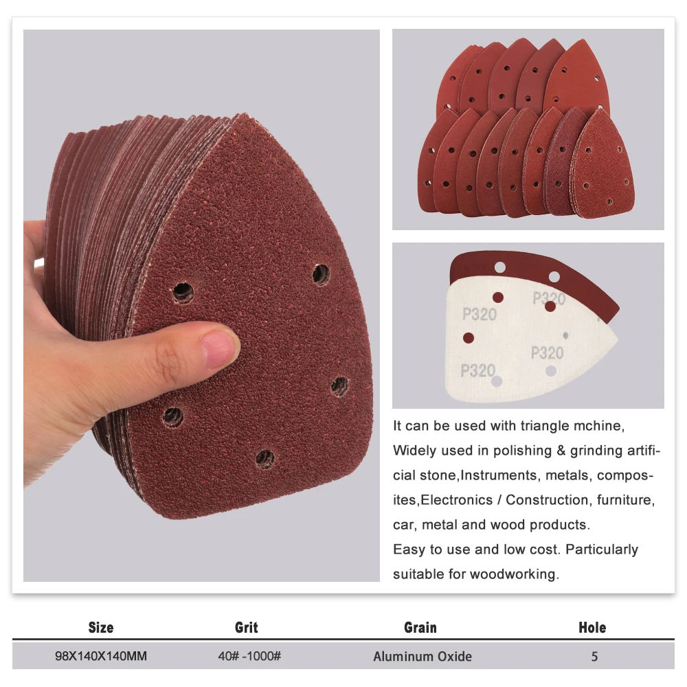 Hojas de lijado de 5 agujeros, papel de lija rojo triangular, gancho y bucle, 40-140 granos, disco de lijado abrasivo para lijado de madera, 20 piezas, 1000x98 x mm