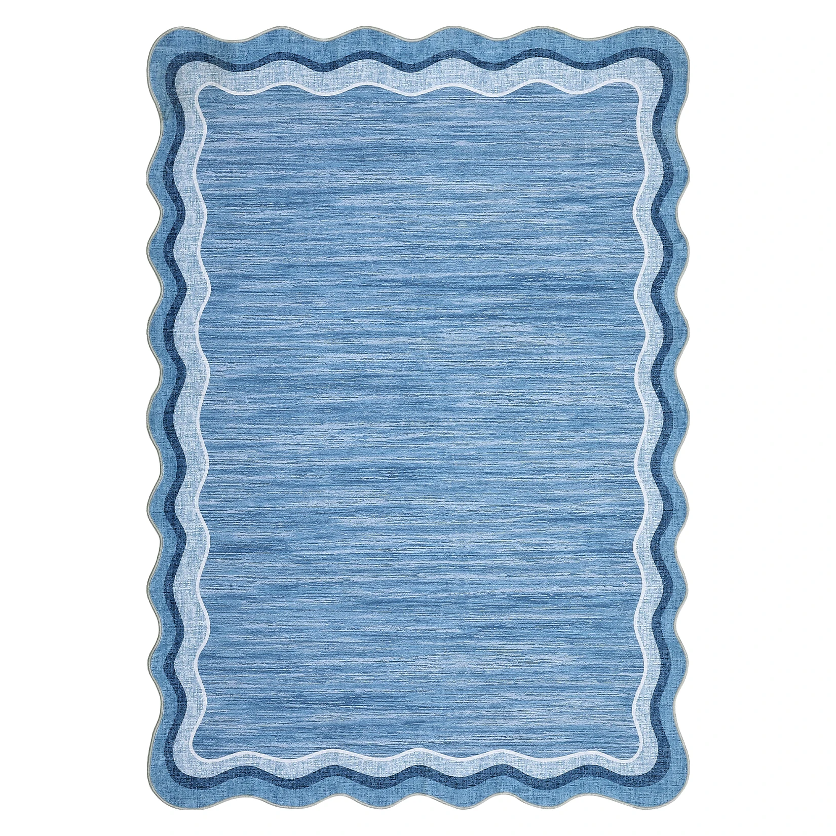 Scalloped Washable Area Rug for Living Room, Bedroom, Nursery – Non-Slip Low Pile Carpet, Soft Modern Accent Mat, Rubber Backing – Blue