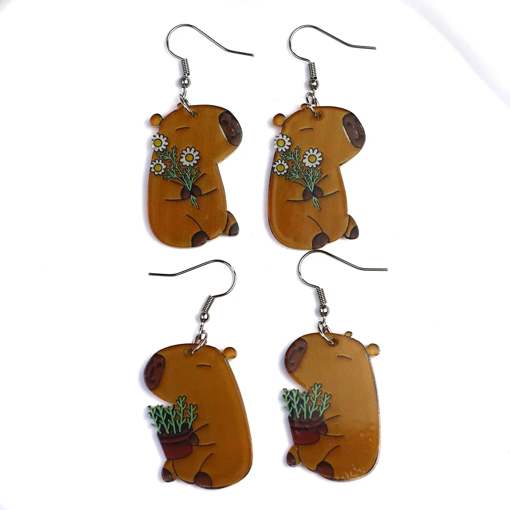 

Cute Cartoon Daisy Flower Capybara Earrings For Women Funny Holding The Cactus Potted Plant Animal Acrylic Drop Earring