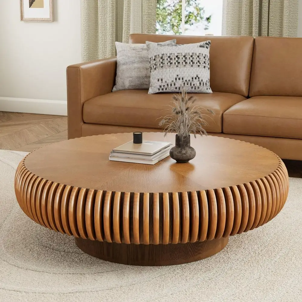 Contemporary Round Walnut Coffee Table with Unique Inlaid Design for Living Room (39.3 Brown)